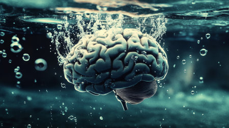 A conceptual image of a brain submerged in water, with bubbles rising around it, symbolizing ideas and thoughts floating to the surfaceの素材