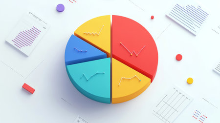 A colorful financial pie chart showing market shares, with labeled sections representing stocks, bonds, and investments, displayed on a white background with clean lines.の素材