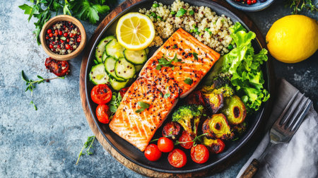 A delicious salmon dish presented with a side of roasted vegetables and quinoa, drizzled with a tangy lemon sauce, highlighting a healthy meal optionの素材
