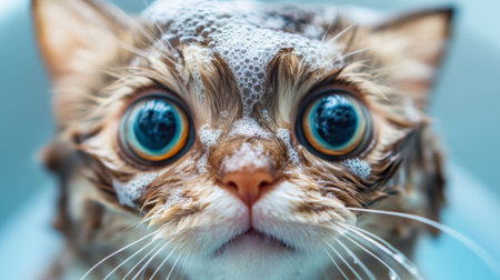 A cute close-up of a cats face with wide eyes, drenched in water, while being gently bathed, highlighting the unique expressions pets show during grooming.の素材