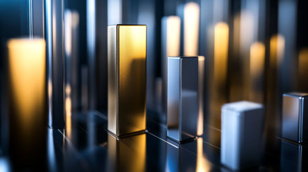 A corporate bar graph with silver and gold bars, representing financial performance, set against a dark background with subtle reflections and floating labels.の素材