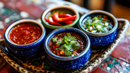 A colorful arrangement of chili sauces and pastes in small bowls, garnished with fresh herbs and sliced chilies, promoting a flavorful cooking atmosphereの素材