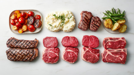 An appetizing flat lay of various steak cuts arranged artistically on a white marble surface, accompanied by sides like mashed potatoes and grilled vegetables.の素材