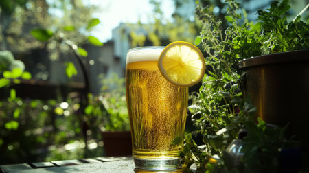 A close-up of a glass of wheat beer with a lemon slice on the rim, resting on a sunny patio table surrounded by fresh herbs and greeneryの素材