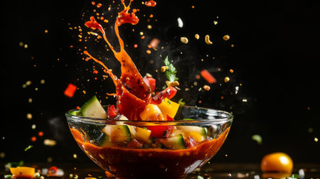 A delightful composition of assorted vegetables dipped into a bowl of chili sauce, with a splash of sauce captured mid-air, illustrating the delicious experienceの素材