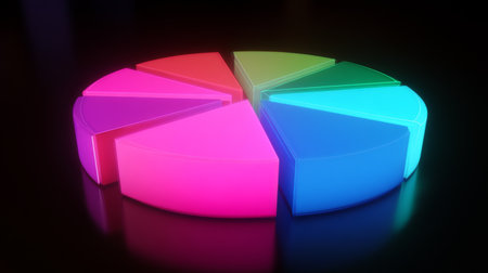A digital-style pie chart in neon colors, with sections in pink, blue, and green, glowing against a black background for a high-tech finance lookの素材