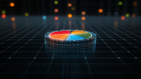 A digital pie chart with multicolored segments, glowing slightly against a dark grid background, conveying a high-tech financial data conceptの素材