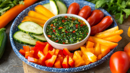 A delightful scene featuring a colorful plate of fresh vegetables with a small bowl of sweet fish sauce dip in the center, emphasizing a healthy snack optionの素材