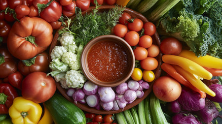 A delightful scene featuring a colorful plate of fresh vegetables with a small bowl of sweet fish sauce dip in the center, emphasizing a healthy snack optionの素材
