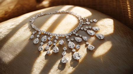 A diamond necklace elegantly draped over a plush cushion, with light catching the stones and creating a luxurious and opulent vibeの素材