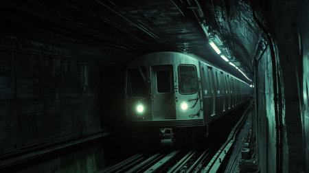 A dramatic shot of a subway train entering a dimly lit tunnel, with bright headlights illuminating the dark passageway, creating a sense of motion and excitement.の素材