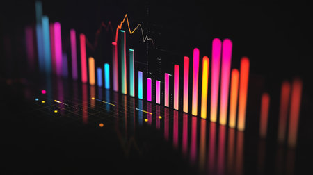A digital bar graph with sleek, metallic colors, displayed on a black reflective background, with lines and highlights creating depthの素材