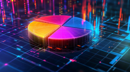 A dynamic D pie chart with glowing neon-colored slices, separated to emphasize individual data points, set against a digital grid background.の素材