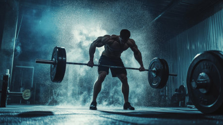 A dramatic shot of a weightlifter in mid-lift, muscles tensed and sweat glistening, emphasizing the dedication and effort required to achieve fitness goals.の素材