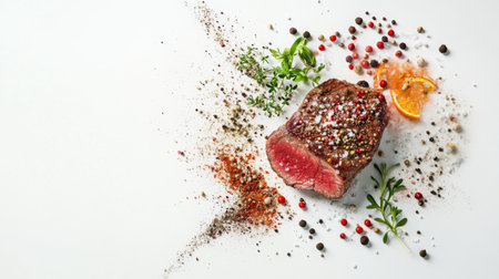 A dynamic image of a chef seasoning a steak before grilling, with spices and herbs in the foreground, capturing the art of cooking on a clean white backdrop.の素材