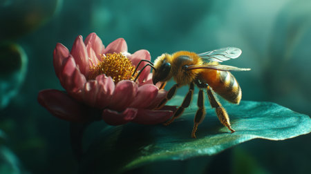 A dynamic photograph of a bee collecting nectar from a flower growing on a leaf, showcasing the relationship between insects and plants in natureの素材