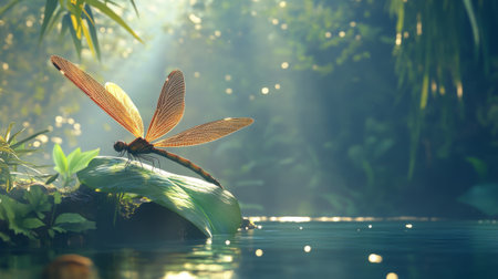 A dynamic scene of a dragonfly resting on a leaf near a serene pond, with its iridescent wings glistening in the sunlight, highlighting the grace of these insects.の素材