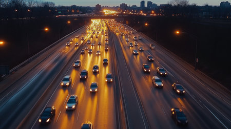 A dynamic aerial view of a busy expressway during rush hour, showcasing streams of headlights and taillights as vehicles move in both directions, illustrating the hustle of urban life.の素材