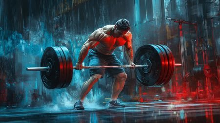 A dynamic image of a weightlifter performing a clean and jerk in a gym, with bright lighting and weights clearly marked, showcasing strength and athleticism.の素材
