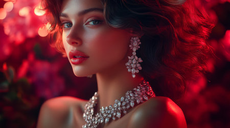 A dynamic image of a woman wearing a stunning diamond necklace and earrings, with her hair styled elegantly, capturing the luxurious essence of high-end jewelry.の素材