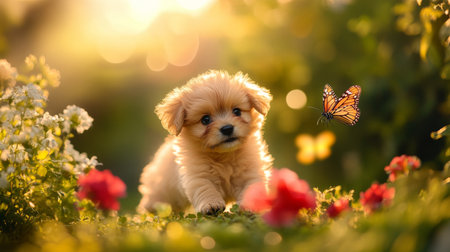 A fluffy puppy chasing a butterfly in a sunlit garden, with its eyes wide open in excitement, surrounded by vibrant flowers and greeneryの素材