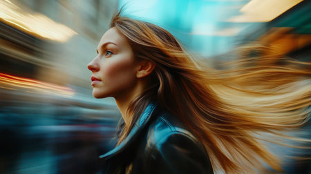 A dynamic shot of a woman with long, straight hair in motion, capturing her vibrant energy as she walks through a busy urban street, symbolizing modern lifeの素材