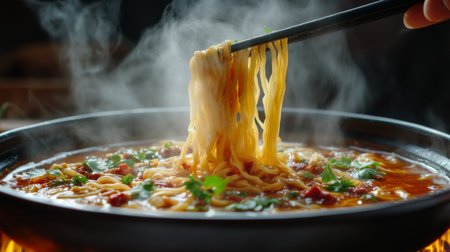 A dynamic shot of noodles being pulled from a bowl of hot broth, with steam rising and fresh herbs floating on top, emphasizing the deliciousness of the dishの素材