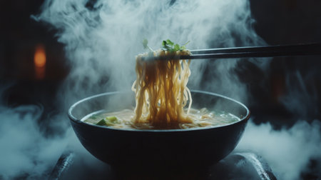 A dynamic shot of noodles being pulled from a bowl of hot broth, with steam rising and fresh herbs floating on top, emphasizing the deliciousness of the dishの素材