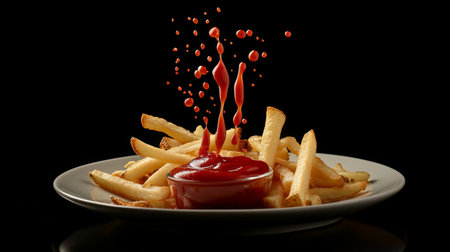 A dynamic shot of a plate of crispy French fries being dipped into a small bowl of ketchup, with droplets of sauce splashing, showcasing the perfect pairing of flavors.の素材