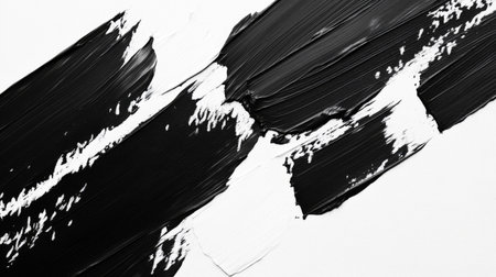 A high-contrast abstract background with bold black brushstrokes on a white canvas, creating an artistic, minimalist look with textureの素材