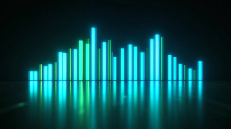 A high-tech D bar graph with glowing neon bars in shades of blue and green, on a reflective surface, creating a modern, futuristic data lookの素材