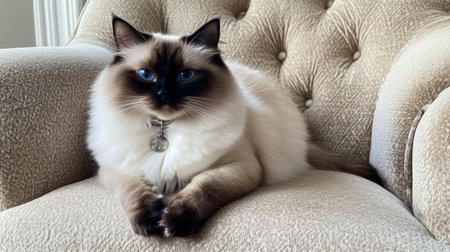 A fluffy Siamese cat wearing a soft velvet collar with a small charm, sitting gracefully on a plush chair, gazing directly into the camera with bright blue eyes.の素材