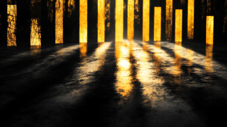A financial chart displaying gold price fluctuations with golden bars and a black background, casting elegant shadows and reflectionsの素材