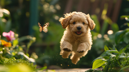 A fluffy puppy chasing a butterfly in a sunlit garden, with its eyes wide open in excitement, surrounded by vibrant flowers and greeneryの素材