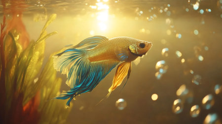 A gold and blue Siamese fighting fish swimming in a well-lit aquarium with bubbles rising, capturing the movement and elegance of the speciesの素材