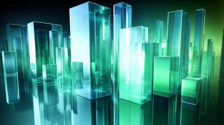 A high-tech D bar graph with glowing neon bars in shades of blue and green, on a reflective surface, creating a modern, futuristic data lookの素材