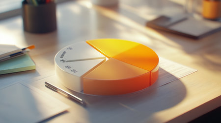 A financial pie chart in D, showing quarterly profit distribution, with clear labels and percentages, displayed on a modern office desk background.の素材