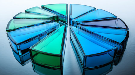 A financial pie chart with transparent D slices in blue and green hues, displayed on a light background, with each slice slightly separated for emphasisの素材