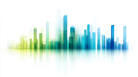 A financial bar graph with vibrant blue and green bars showing profit growth over several quarters, set against a clean white background with clear labels.の素材