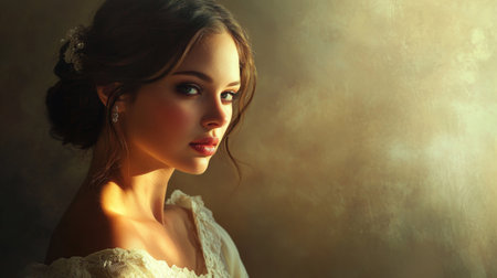 A glamorous portrait of a woman in an elegant dress, with soft lighting accentuating her features, creating a sophisticated and timeless beauty.の素材