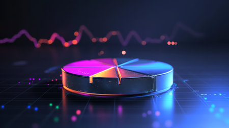 A futuristic D pie chart with metallic slices rotating in mid-air, glowing softly with data points floating nearby, perfect for visualizing complex financial information.の素材