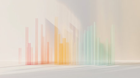 A minimalist D bar graph with pastel-colored bars rising from a flat surface, with subtle shadows and axis labels, symbolizing smooth growth trends.の素材