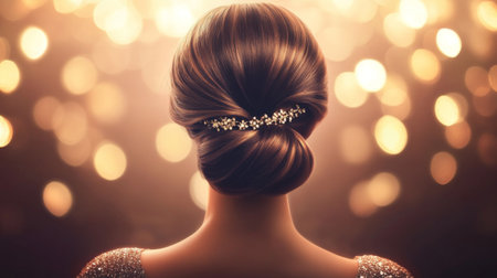A glamorous shot of a woman with an elegant chignon hairstyle, adorned with sparkling hairpins, set against a softly lit background for a formal lookの素材
