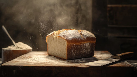 A freshly baked loaf of white bread resting on a rustic wooden cutting board, with a sharp knife and a sprinkle of flour nearby, inviting viewers to enjoy its warm texture.の素材