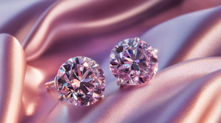 A luxurious display of diamond stud earrings set against a backdrop of soft satin fabric, highlighting the brilliance and timeless elegance of the jewelryの素材