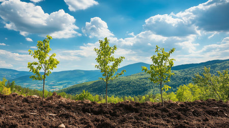 A landscape image of a newly planted forest area with vibrant young trees against a backdrop of mountains and blue skies, highlighting ecological restorationの素材