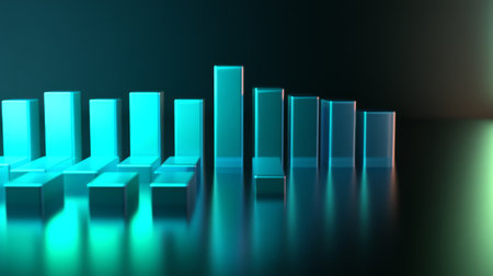 A high-tech D bar graph with glowing neon bars in shades of blue and green, on a reflective surface, creating a modern, futuristic data lookの素材