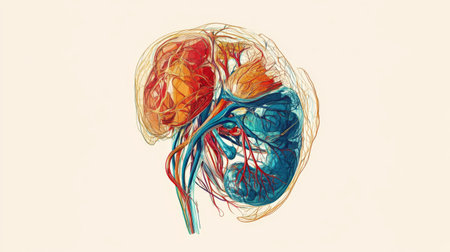 A medical illustration of the human liver, highlighting its position in the body and connections to surrounding organs, with a clean and simple background.の素材