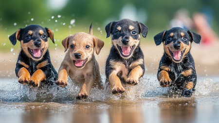 A group of playful puppies frolicking together on a sandy beach, splashing in the water and chasing each other, showcasing their energetic personalitiesの素材