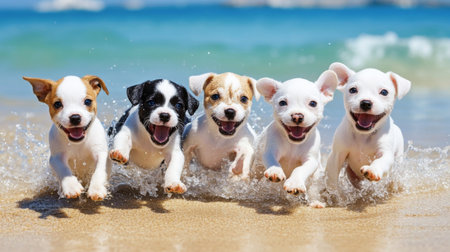 A group of playful puppies frolicking together on a sandy beach, splashing in the water and chasing each other, showcasing their energetic personalitiesの素材